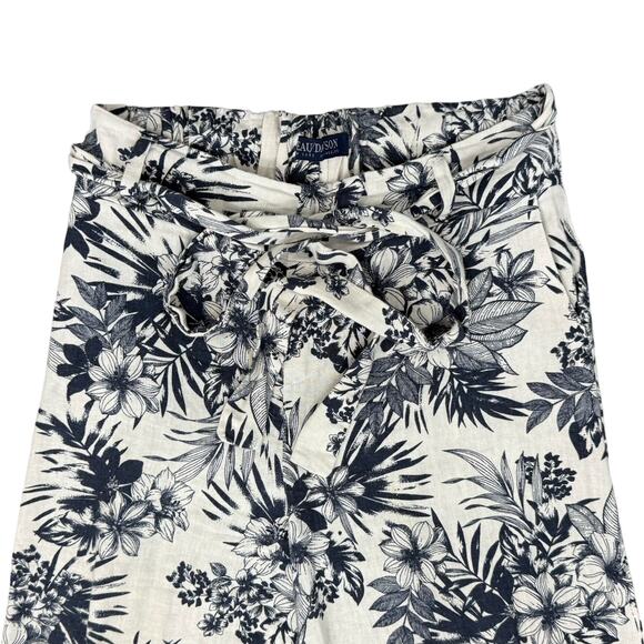 Beau Dawson Blue White Floral Linen Blend Wide Leg Tie Front Pants size M 8-10 - Picture 11 of 12